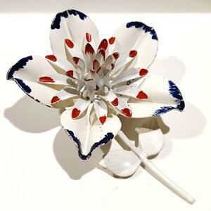 Vintage Enameled Metal Flower Brooch - White, Blue, and Red